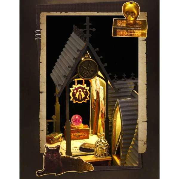 Luna Magic House's enchanting attic nook with glowing crystal ball, ancient books and mystical artifacts.