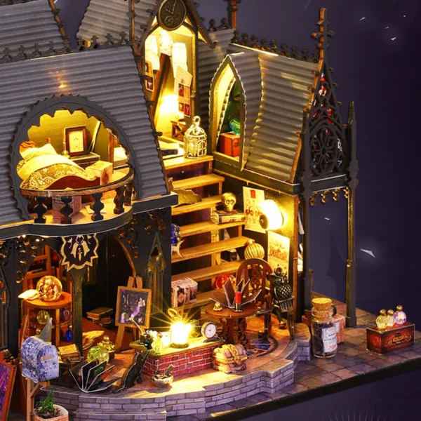 Close-up of the front side of Luna Magic House miniature dollhouse, showing detailed rooms and magical decor.