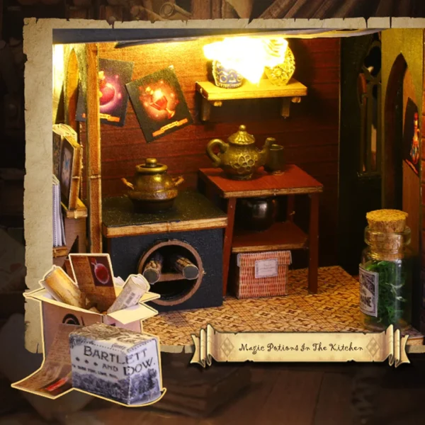 Close-up of the adorable kitchen with magic potions in the Luna Magic House miniature dollhouse.