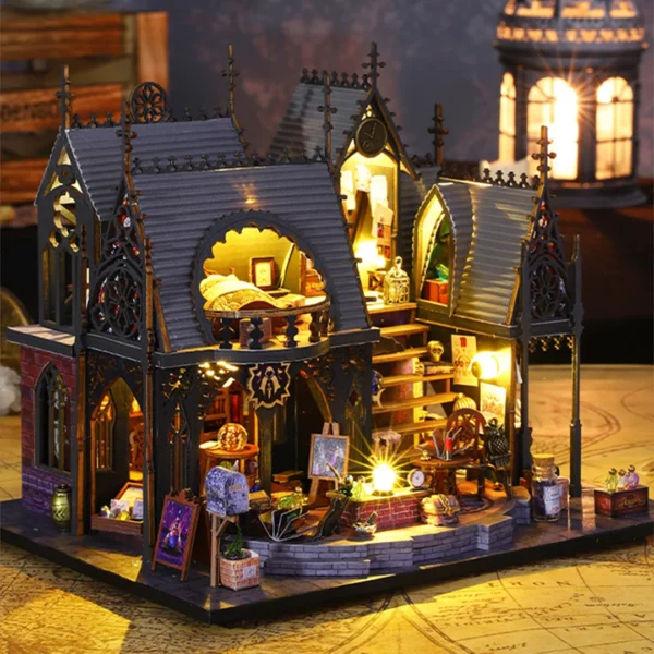 Luna Magic House miniature dollhouse with warm LED lights and a magical tower in the background.