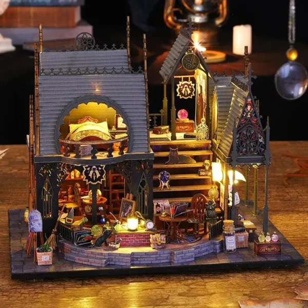 Front view of the Luna Magic House miniature dollhouse, illuminated by LED lights, showcasing detailed interior and charming decor.