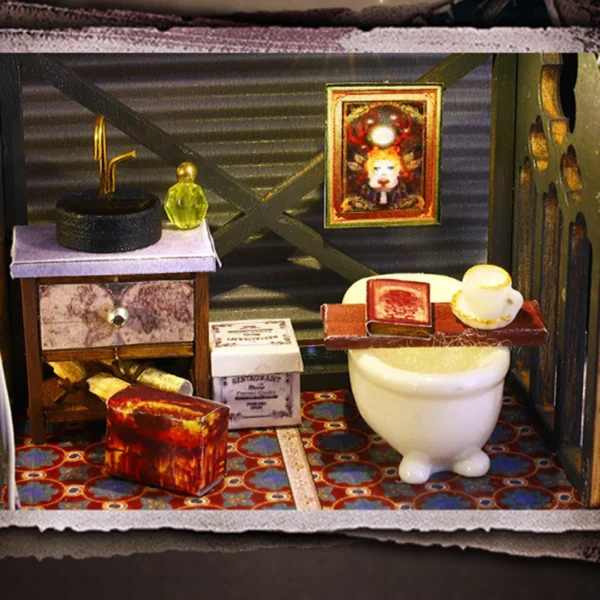 Close-up view of the Luna Magic House bathroom featuring a clawfoot tub, delicate toiletries, and mystical decor.