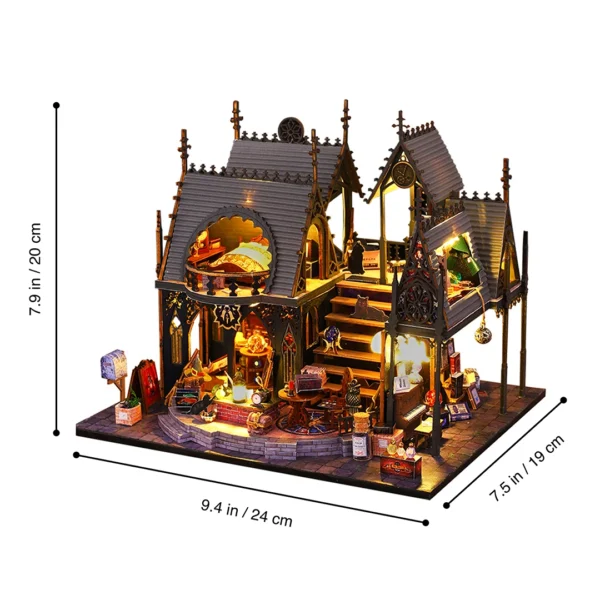 Luna Magic House miniature dollhouse kit dimensions: 7.9 inches tall, 9.4 inches wide, and 7.5 inches deep.