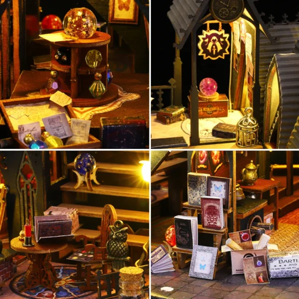 Detailed view of the Luna Magic House miniature dollhouse, showcasing intricate design elements like spell books, potions, and enchanting decor, all illuminated by warm LED lights.