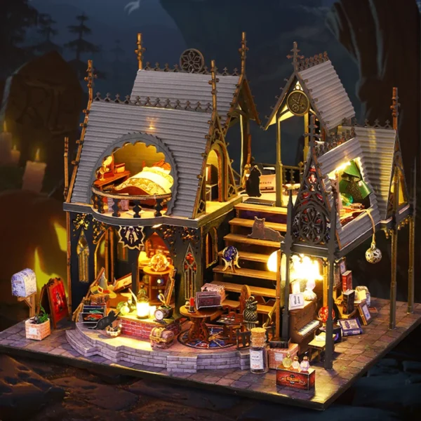 Luna Magic House miniature dollhouse set against a Halloween-themed background, glowing warmly with intricate details and magical ambiance.