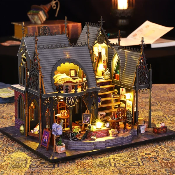 Luna Magic House miniature dollhouse placed on a vintage desk, creating a charming and nostalgic atmosphere.