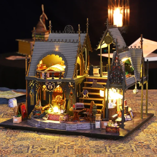 Luna Magic House miniature dollhouse kit viewed from a slightly right angle, showcasing detailed magical elements and spellbinding design.