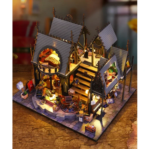 A detailed aerial view of the Luna Magic House miniature dollhouse, highlighting its enchanting design and intricate features.