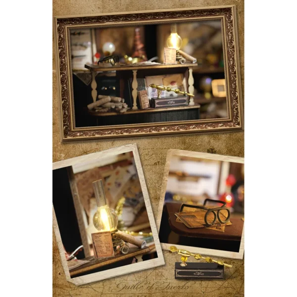 Intricate interior details of the Magic Wand Shop miniature dollhouse, featuring the LED light settings, finely crafted furniture and a pair of vintage glasses.