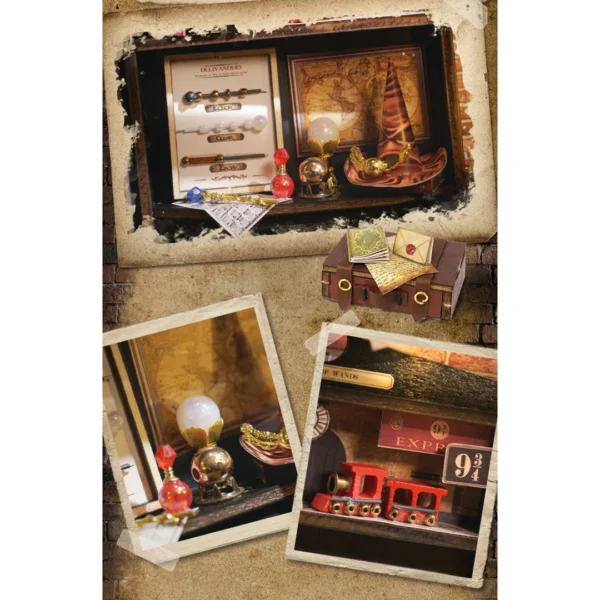 Collage of magical artifacts inside the Magic Wand Shop Miniature Dollhouse Kit, showcasing detailed wands, potions, and enchanting items.