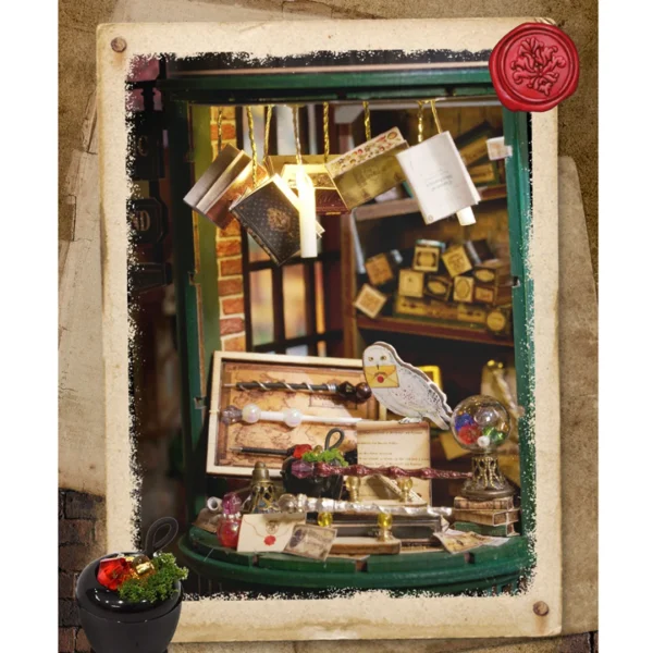 Framed view of the window display at the Magic Wand Shop Miniature Dollhouse Kit, highlighting floating books, a magical owl, and intricate wands.