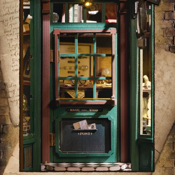 Close-up of the front door of the Magic Wand Shop Miniature Dollhouse Kit, showcasing the vintage and intricate design.