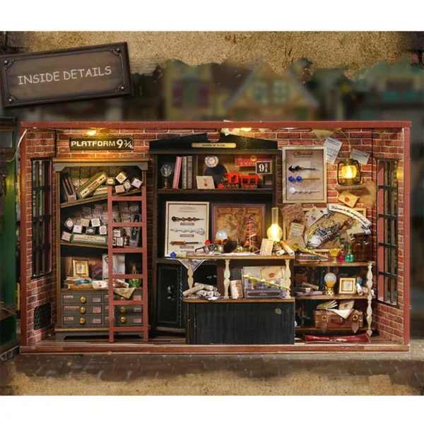 Detailed interior view of the Magic Wand Shop Miniature Dollhouse Kit, highlighting intricate shelves, magical items, and enchanting decor.