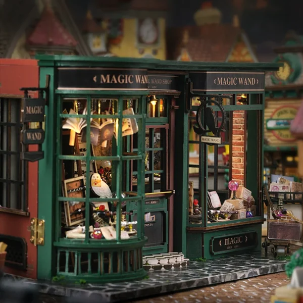 Left side view of the Magic Wand Shop Miniature Dollhouse Kit with detailed windows and an enchanting design.