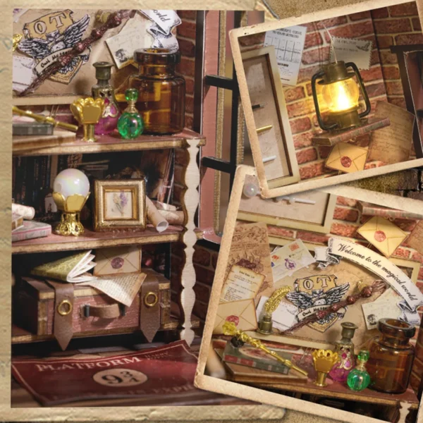 Close-up of the interior details of the Magic Wand Shop miniature dollhouse, featuring a latern, a suitcase, magical items and spell books.