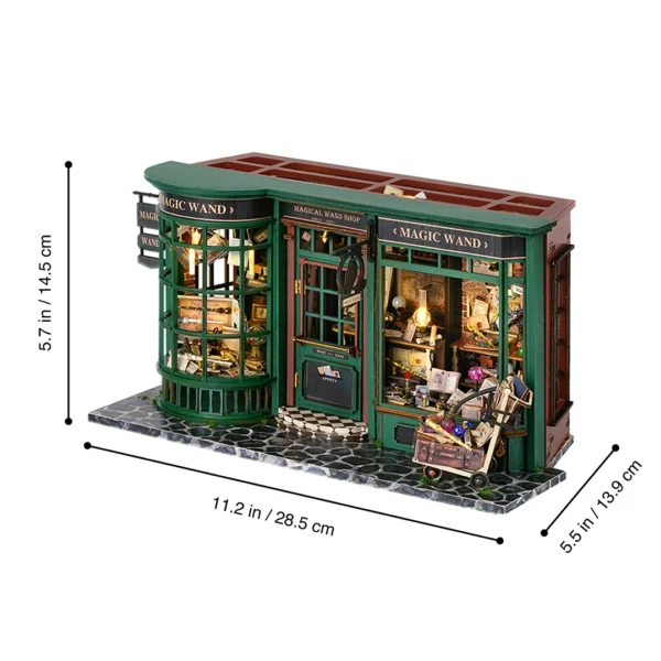 Dimensions of the Magic Wand Shop Miniature Dollhouse Kit, showing height, width, and depth measurements.