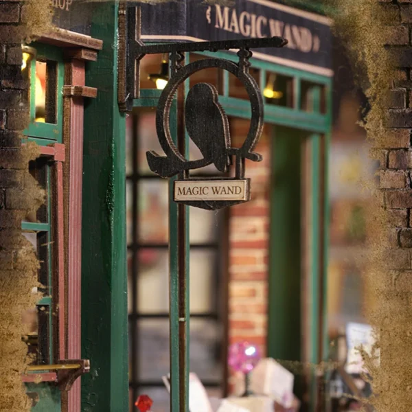 Close-up of the Magic Wand Shop signboard, showcasing the charming and intricate design.