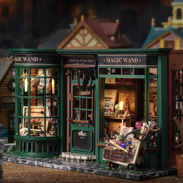 Right side view of Magic Wand Shop Miniature Dollhouse Kit with delicate interiors and a cozy, enchanting setting.