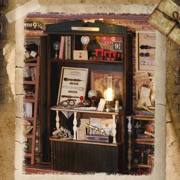 Close-up of the wizard wand display shelf inside the Magic Wand Shop Miniature Dollhouse Kit, showcasing detailed wands and magical artifacts.