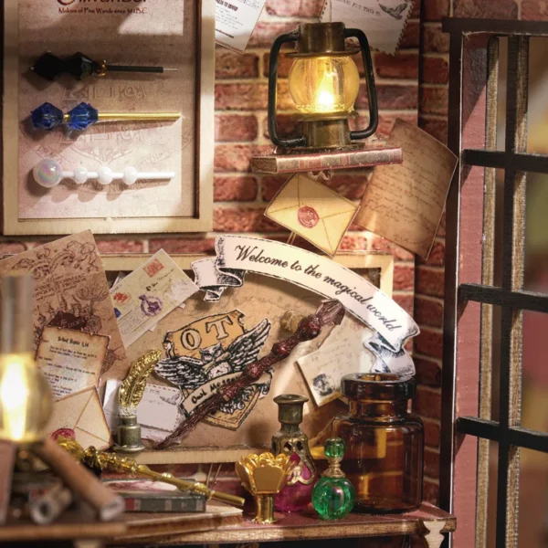 Close-up of the interior details in the Magic Wand Shop Miniature Dollhouse Kit, showcasing magical wands, scrolls, and potion bottles.