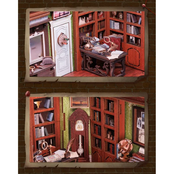 Close-up view of the second floor in the Rose Detective Agency book nook, showing a detective's desk, a grandfather clock, and bookshelves filled with various items.