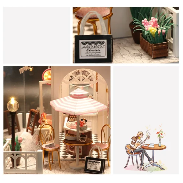 Collage of charming details from the Cocoa Fantasy miniature dollhouse, featuring a "Handmade Chocolate" gift bag, outdoor seating with a pink parasol, and decorative flowers.