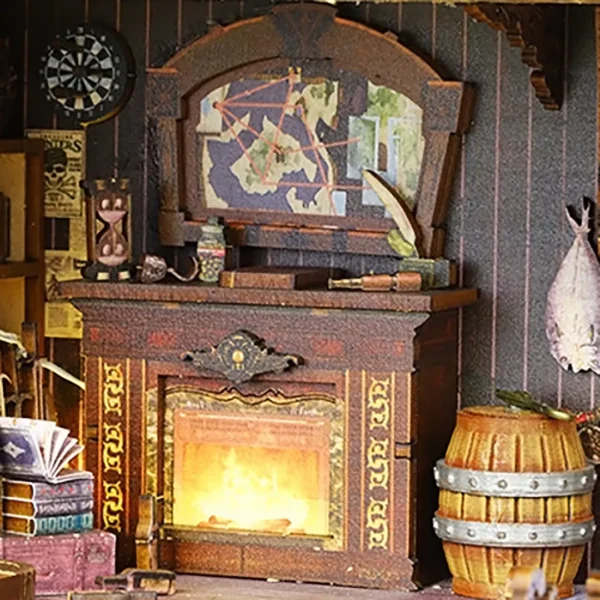 Close-up of a fireplace inside the Pirate Ship Aden's captain's cabin, featuring a map, hourglass, and various pirate-themed decor.