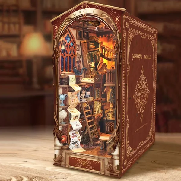 Right side view of the Magic World DIY Book Nook kit, showcasing a magical workshop with detailed bookshelves, a magic harpsichord, and hanging scrolls, set against a cozy study background.