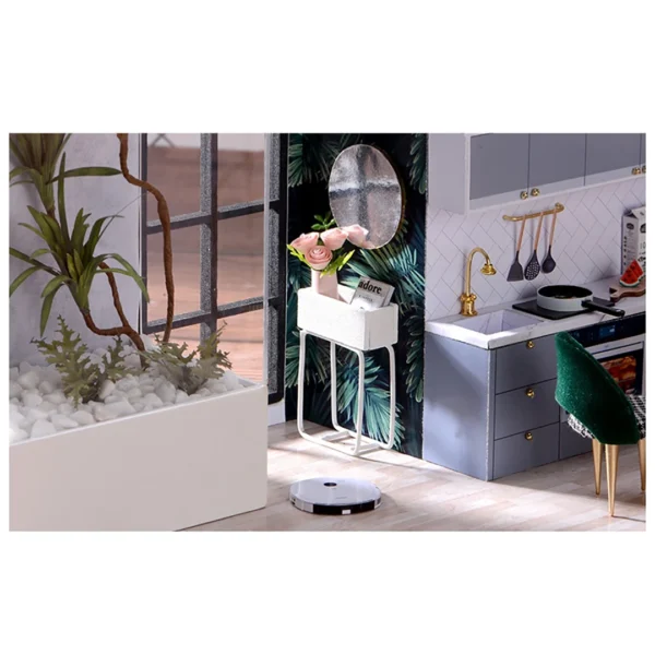 A serene corner of the Cozy Time dollhouse, featuring a sleek side table with pink roses, a stylish mirror, green plants, and a modern sweeping robot.