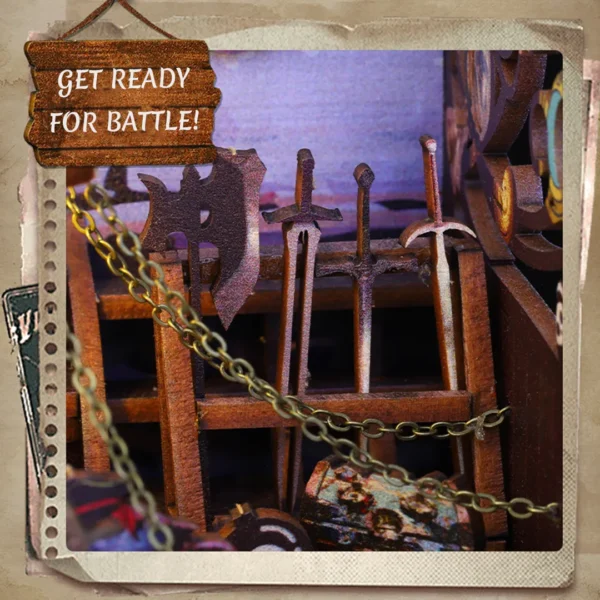 Close-up view of swords and battle axes in the pirate ship's arsenal, highlighting detailed weaponry in the Pirate Ship Aden book nook.