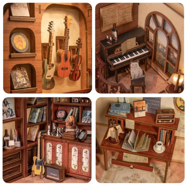 Close-up view of The Secret Rhythm book nook showcasing a vintage workspace with a phonograph, vinyl records, radios, books, and a cozy desk setup.