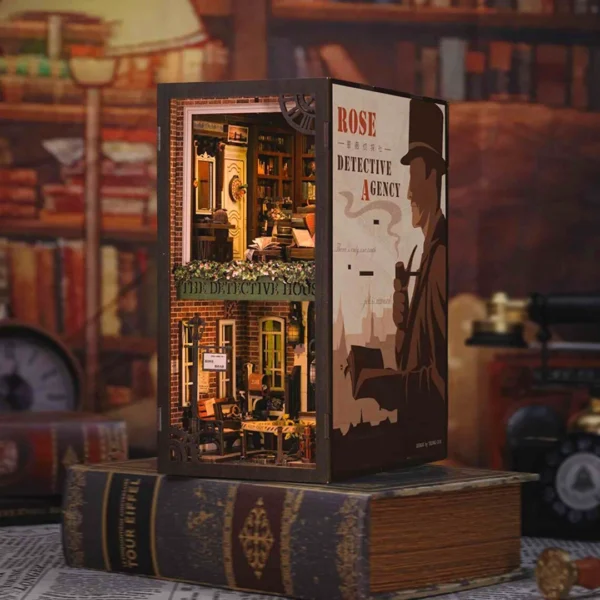 Right-side overview of the Rose Detective Agency book nook, showcasing its detailed exterior and partially visible interior elements, set against a classic detective-themed backdrop.