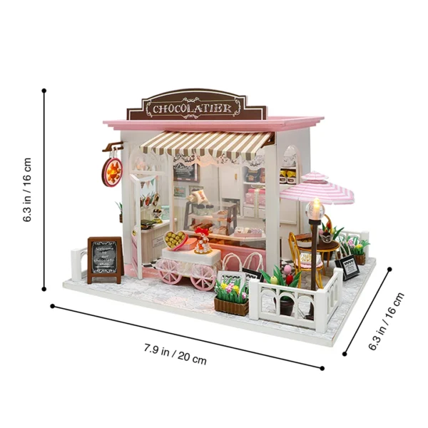 Dimensions of the Cocoa Fantasy miniature dollhouse kit are shown, highlighting its width of 7.9 inches, depth of 6.3 inches, and height of 6.3 inches.