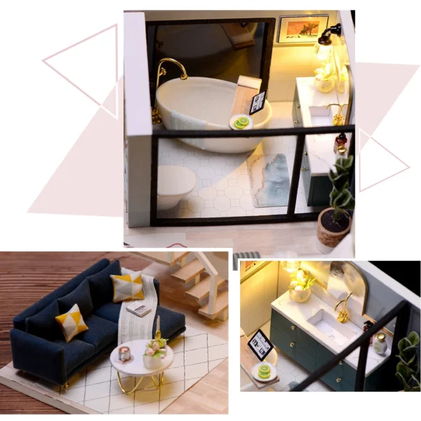 Collage of detailed views from the Cozy Time miniature loft, including a modern bathtub, a dark blue sofa in the living room, and a sleek vanity area with gold fixtures.