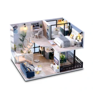 Cozy Time DIY miniature dollhouse kit featuring a modern minimalist loft with a living room, dining area, and master bedroom, all designed in a stylish and refreshing aesthetic.