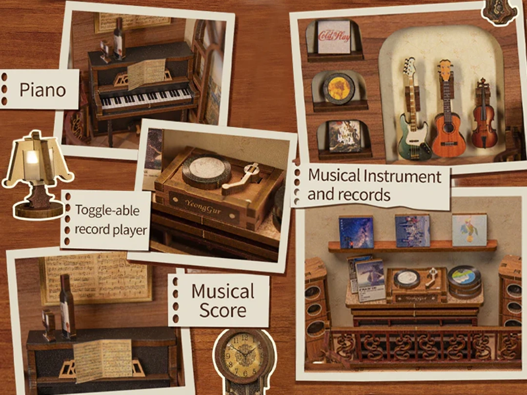 Close-up view of components in The Secret Rhythm DIY book nook, showcasing a piano, record player, musical instruments, and records.