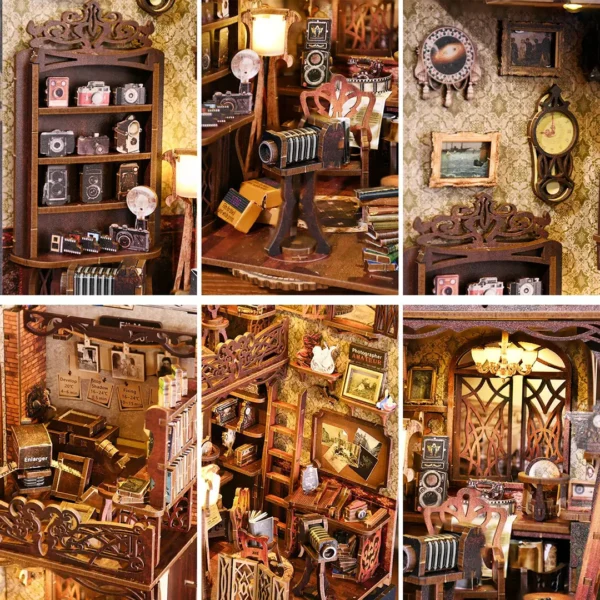 A collage of close-up images from the Film Darkroom DIY Book Nook Kit, showing detailed miniatures of vintage cameras, a photographer's desk, a typewriter, and retro decorations.