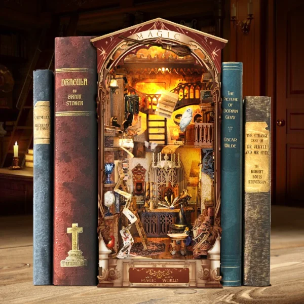 Front view of Magic World DIY Book Nook kit, depicting a detailed magical workshop with a harpsichord, vintage books, an owl, and a cat, set against a cozy study background.