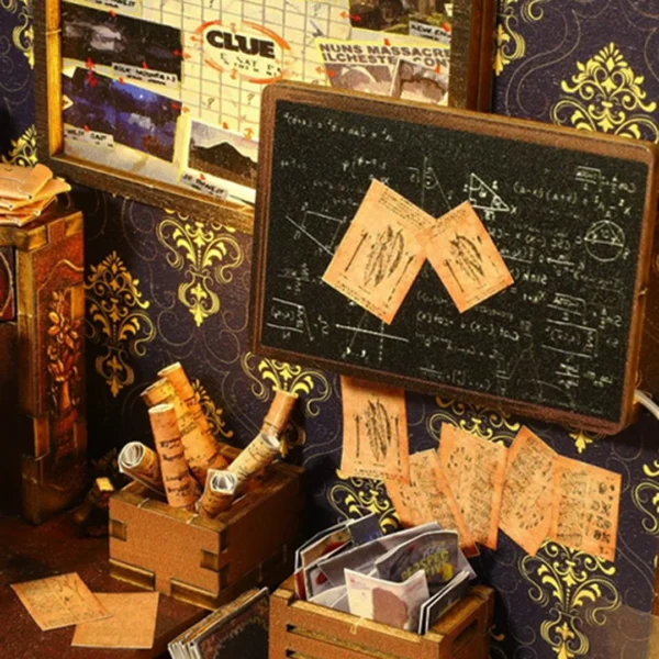 Detective Agency book nook showing a detailed blackboard with clues, case files, and letters, capturing the essence of a detective's investigation room.