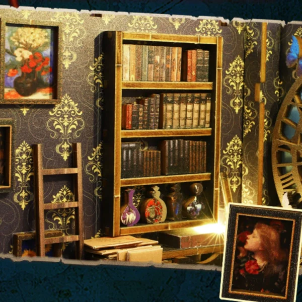 Detailed view of the Detective Agency book nook showing the bookshelves and exquisite portraits on the wall