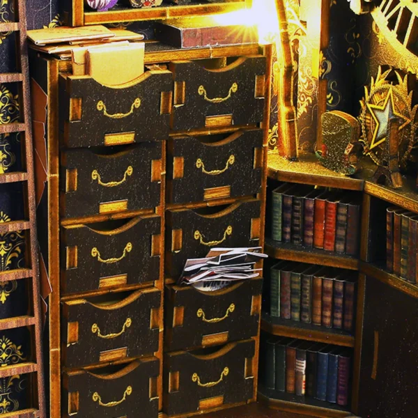 Close-up of the Detective Agency book nook showing detailed filing cabinets, case files, and a large clock.