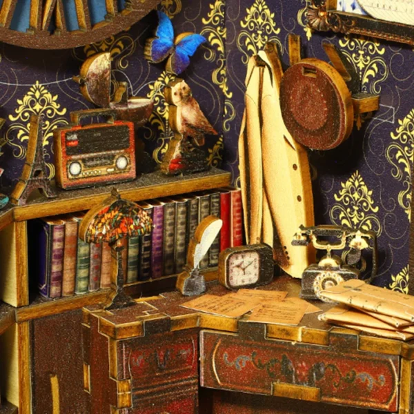 Close-up of a detective's relaxation corner with a pet owl, vintage radio, and trench coat and hat hanging on the wall, inside the Detective Agency book nook.