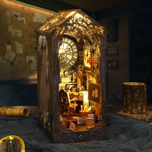 Detective Agency book nook set against a detective clue board, showcasing intricate details of the detective studio with warm lighting.