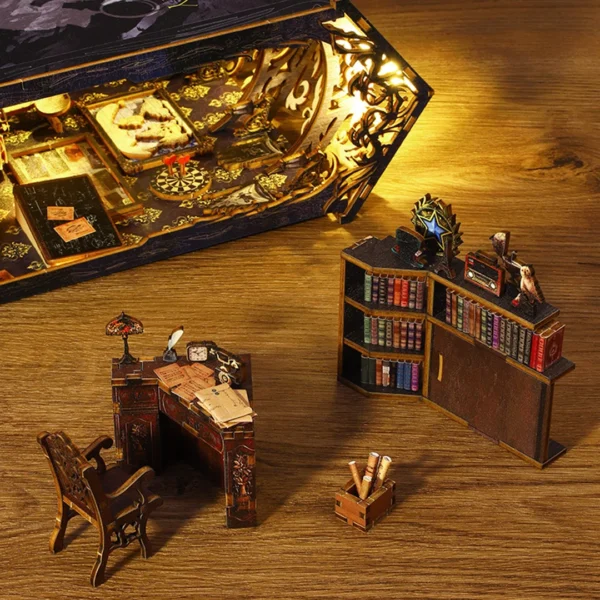 Close-up of the Detective Agency Book Nook, highlighting the vintage desk, detective chair, and bookshelf filled with books and mysterious objects.