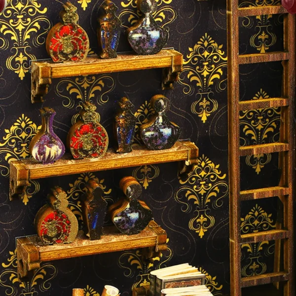 Close-up view of potion racks filled with mystical potions and an antique ladder in the Detective Agency book nook.