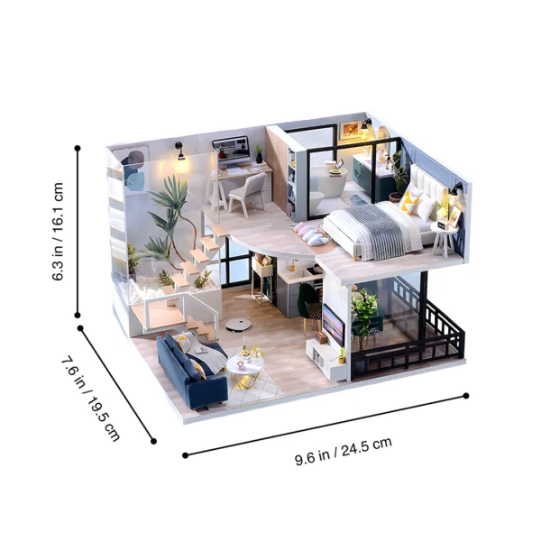 Cozy Time Miniature Loft with dimensions of 9.6 inches in length, 7.6 inches in width, and 6.3 inches in height, featuring a modern minimalist design with a living room, dining area, study, bedroom, and bathroom.