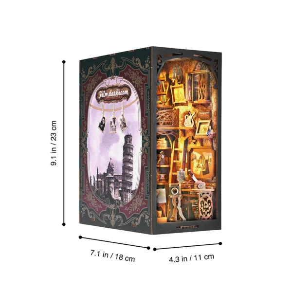 Dimensions of Film Darkroom DIY Book Nook Kit, measuring 9.1 inches tall, 7.1 inches deep, and 4.3 inches wide.