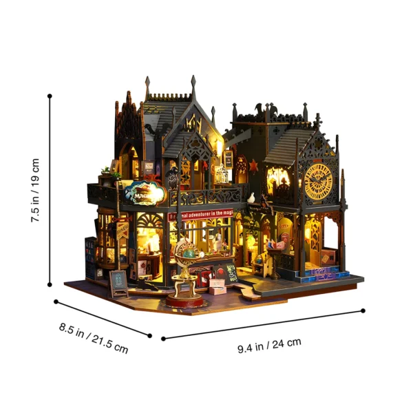 Holo Magic City DIY miniature dollhouse kit showing its dimensions: 9.4 inches long, 8.5 inches wide, and 7.5 inches high, with a detailed fantasy architecture.