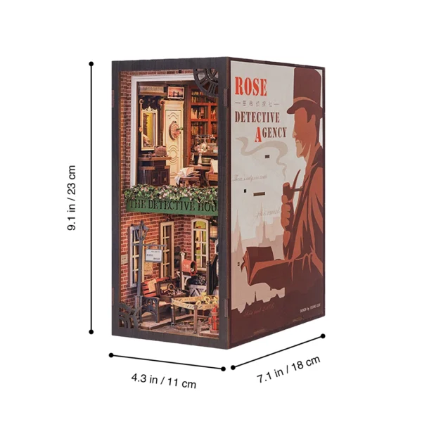 Rose Detective Agency DIY Book Nook Kit with dimensions highlighted, showing the height of 9.1 inches, depth of 7.1 inches, and width of 4.3 inches.