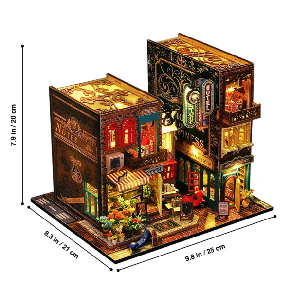 Dimensions of the Scarbrough Hotel DIY miniature dollhouse kit, showing height as 7.9 inches (20 cm), depth as 8.3 inches (21 cm), and width as 9.8 inches (25 cm).